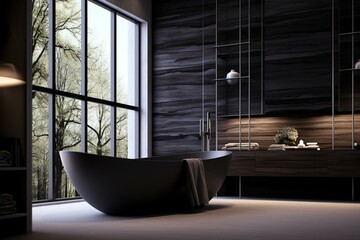 Bathroom with standalone white tub surrounded by dark panels. Rendered in 3D. Generative AI