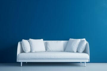 A white sofa in front of a blue wall. Generative AI