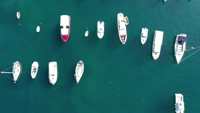 Herceg Novi Montenegro - coastal town in Boka Kotor Bay on the Adriatic Sea. Aerial. Summer. Boats and beach
