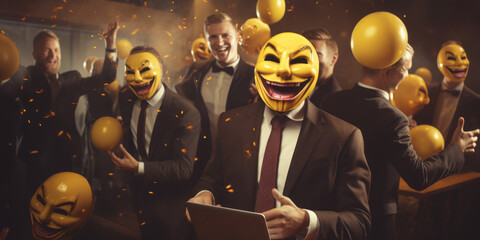 Businessmen having a party. Wearing evil masks. Emojis. Debauched. Drinking and partying. Wall Street bankers. Greed and excess. Capitalism. Halloween. - obrazy, fototapety, plakaty