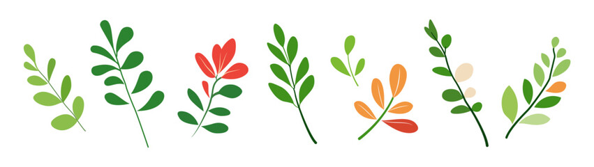 Botanical green set, vivid tree branch, park, garden leaves collection. Greenery foliage plant, home arrangement, romantic floral design. Garden, office, patio decor. Nature, environment illustration