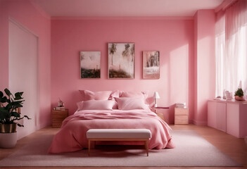 Interior design, camera da letto matrimoniale rosa - obrazy, fototapety, plakaty