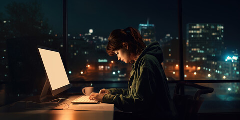 Woman working from home late at night - obrazy, fototapety, plakaty