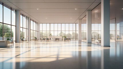 Empty Postindustiral Office Hall - panoramic 3d Visual design illustration. Generative AI