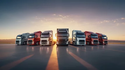 Rolgordijnen Parked trucks in front of bright sunrise © IBEX.Media