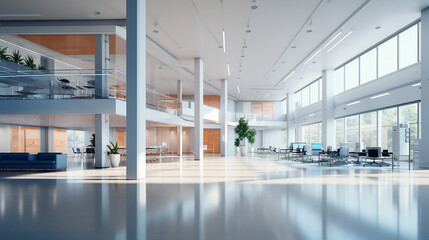 Empty Postindustiral Office Hall - panoramic 3d Visual design illustration. Generative AI
