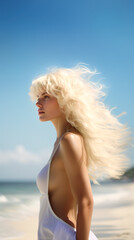 Fototapeta na wymiar Profile image of beautiful blonde woman with hair blown by the wind wearing a minimalist white dress with visible side brest