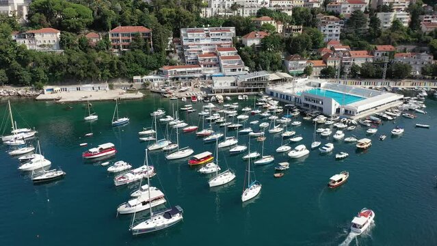 Herceg Novi Montenegro - coastal town in Boka Kotor Bay on the Adriatic Sea. Aerial. Summer. Boats and beach