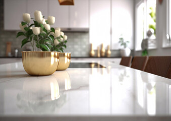 Marble table in modern luxury kitchen with golden decorations.Macro.AI Generative