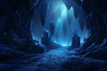Abstract underground fantasy caves with rays of light in a dark icy atmosphere. Blue neon ice adds a touch of freshness and a cold, wet sensation. Generative AI