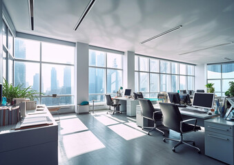 People working in large office in new build business and trading centre.Macro.AI Generative