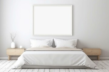 Empty picture frame on white wall in modern bedroom. Mock up interior in contemporary style. Generative AI