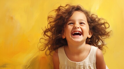 Laughing girl on a yellow background