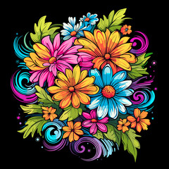 Abstract colourful tropical flowers in vector pop art style