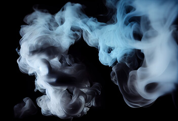 Fototapeta premium Close up of light blue and white smoke on a black background.