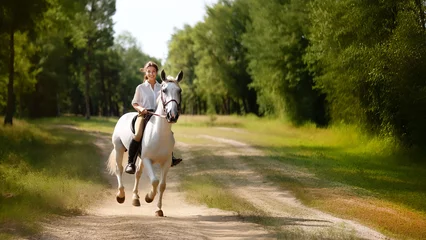 Foto op Canvas A beautiful brunette horsewoman in a white shirt rides on a horse in the forest. © July P