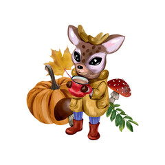 Cartoon deer with a mug in his hands, pumpkin, rowan, mushroom, maple leaf. Vector illustration for autumn coziness. Greeting cards, invitations.