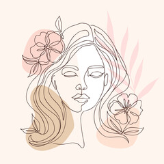 One line drawing of woman face with flowers. Continuous line art in elegant style for print, tattoo, posters, textile, cards. Minimalist portrait