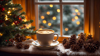 Obraz na płótnie Canvas cup of coffee against the background of a winter window