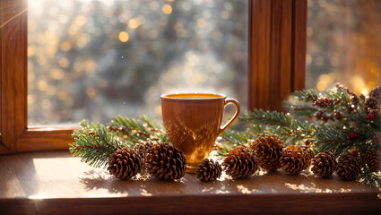 cup of coffee against the background of a winter window - obrazy, fototapety, plakaty