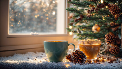 cup of coffee against the background of a winter window