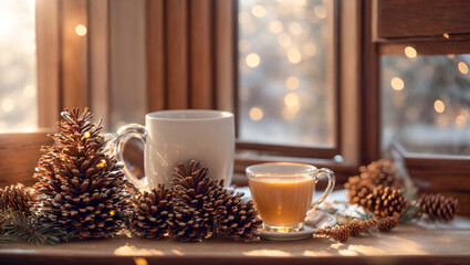cup of coffee against the background of a winter window