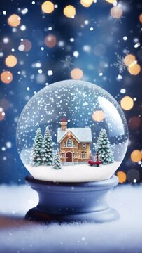 Vertical Video Glowing Crystal Ball on Snowfall Background. Beautiful 3d Cartoon Animation. Animated Greeting Card New Years Eve.