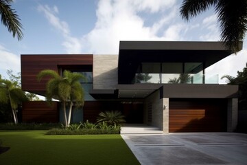 Modern, elegant abode featuring sleek, dark wood construction and minimalist aesthetics. Generative AI