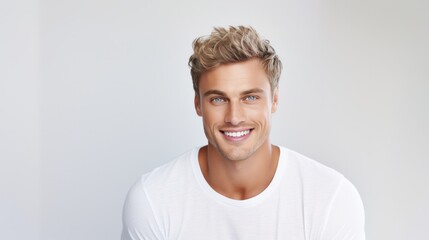 Portrait of young handsome hipster man with blonde hair smiling and looking at camera over white background. - obrazy, fototapety, plakaty