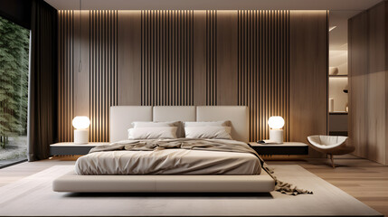 Scandinavian Style Loft Empty Bedroom Interior. master modern bedroom design. light beige