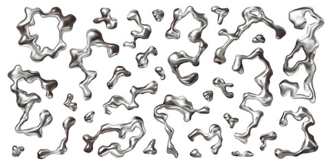 Chrome 3D liquid metal elements set in Y2K style. Wavy metal shapes and silver droplets. Abstract form and element design. Ideal for futuristic chrome visuals and 3D design projects - obrazy, fototapety, plakaty