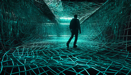 Futuristic Stroll: Man Near Linear Nets of Light