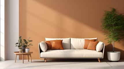 living room with a couch and a potted plant, in the style of light orange and light brown. minimalist living room.