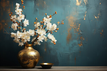 Digital background, vintage wall and floor. Vase with flowers, bronze, turquoise, gold, orchid.