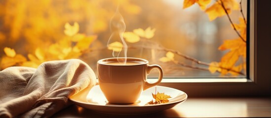 Autumn vibes at home with a vintage touch featuring a cup of warm coffee by the window and yellow leaves