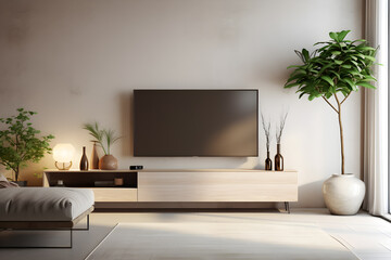 Interior mock up living room. modern living room with plant and tv
