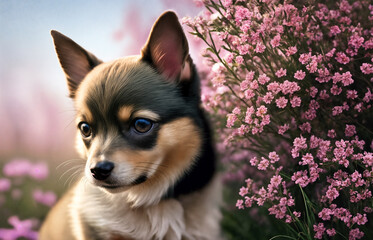 A Chihuahua dog sits in a field of flowers