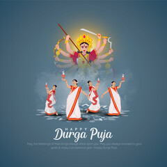 Vector illustration of lady performing Dhunchi dance in Happy Durga Puja Subh Navratri Indian religious header banner background - obrazy, fototapety, plakaty