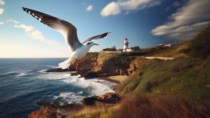 Fototapeta premium A seagull flies against the backdrop of a lighthouse on a cliff.