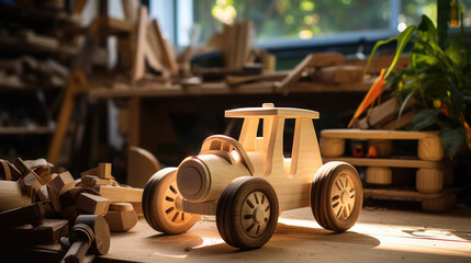 Local business specializes in handmade wooden toys in their charming workshop. machine.