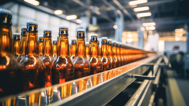Brewing and bottling beer in a glass bottle factory.