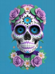 Day of The Dead Sugar Skull with Flowers on blue background
