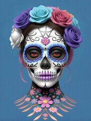 Day of The Dead Sugar Skull with Flowers on blue background