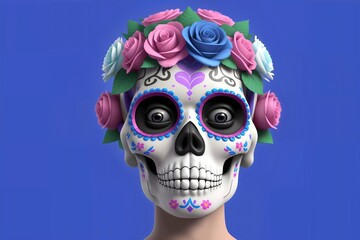 Day of The Dead Sugar Skull with Flowers on blue background