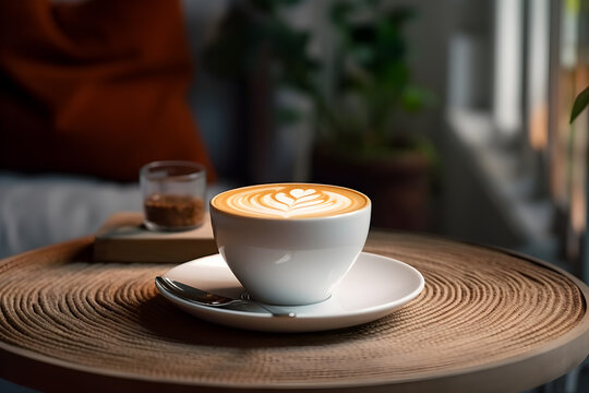 Close up of hot latte coffee in the table, photo banner for website header design with copy space. Cup of cappuccino