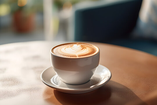 Close up of hot latte coffee in the table, photo banner for website header design with copy space. Cup of cappuccino
