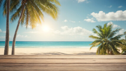 Wood floor deck on blur beach background - can be used for display or montage your products. High quality photo