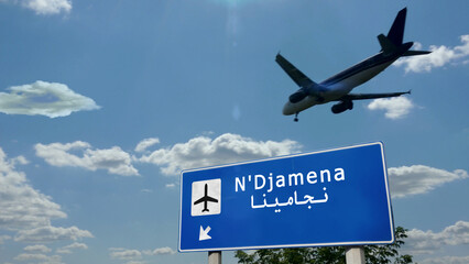 Plane landing in N'Djamena Chad airport with signboard