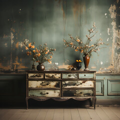 Ancient vintage classic dresser near dilapidated wall. Retro grunge home interior design of aged living room
