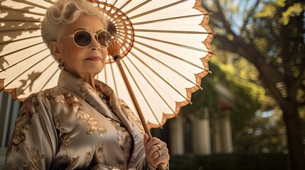 Aging woman exuding grace, holding a vintage parasol, set in a manicured garden